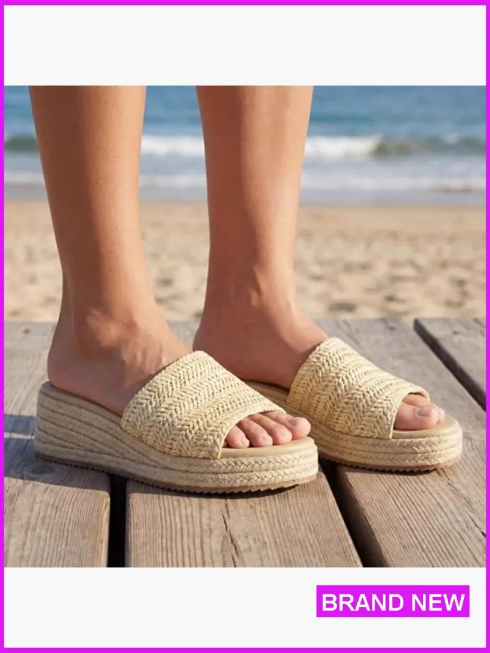 Raffia Platform Wedge Sandals Slip On Espadrilles Summer Beach Slides